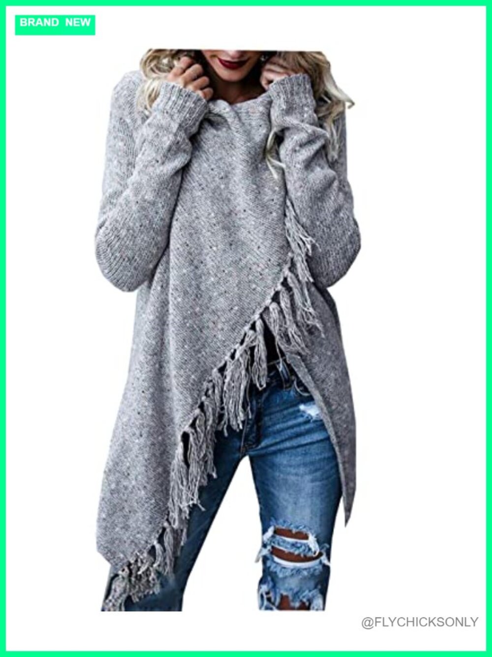 Lightweight Speckled Fringe Cardigan, Loose Wrap Front with Tassels, Long
